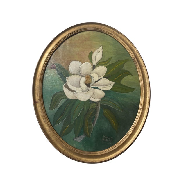 1980s Oval Gold Gilt Framed Oil Painting on Canvas- By Godlyn Serigny For Sale - Image 4 of 5