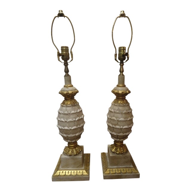 Vintage Gilt and Pickled Wood Carved Lamps - a Pair For Sale