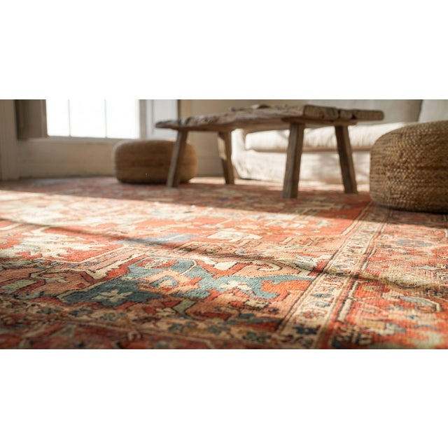 Red Charming Red Background Color Geometric Design Antique Persian Heriz Serapi Rug For Sale - Image 8 of 9