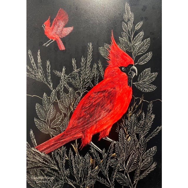 Vintage “CARDINALS” Scratch Painting by Richard Reid Mason Aprox. dimensions: Frame: 18"H x 15"W Sight area: 11"H x 8.5"W...