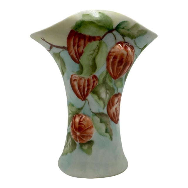 1961 Vintage Signed 3 Dimensional Wide Mouth Orange, Blue, Botanical Porcelain Vase, M Clark For Sale