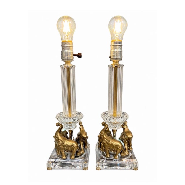 Hollywood Regency Vintage Brass Elephant Table Lamps Pair Crystal Glass Hollywood Regency - a Pair For Sale - Image 3 of 10