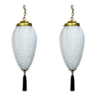 Vintage White Frosted Glass Drape Pendants With Tassels - a Pair For Sale