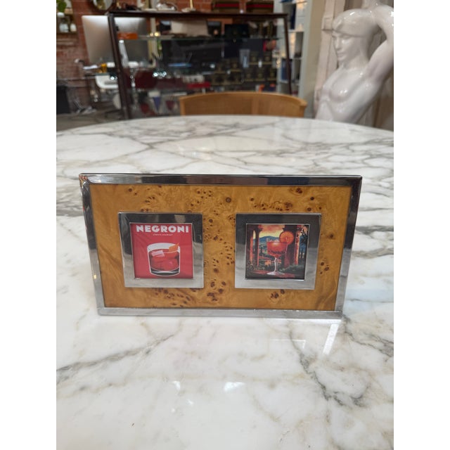 Vintage Burl Wood & Chrome Double Photo Frame For Sale - Image 4 of 6