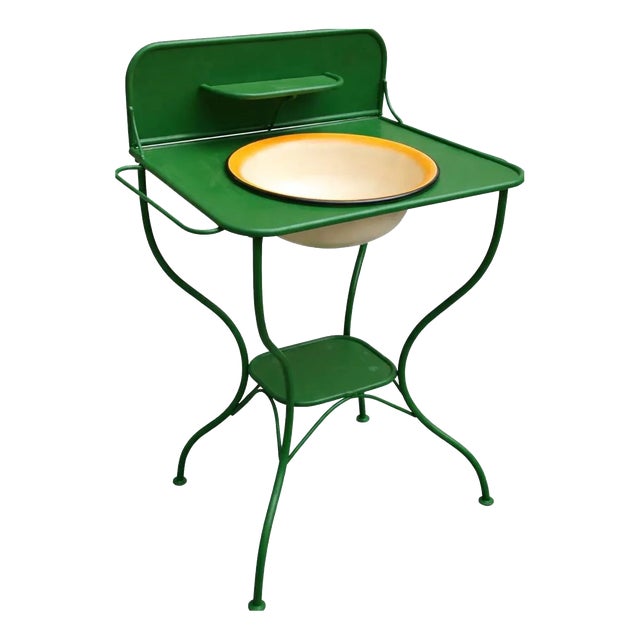 Vintage Green Metal Washstand with Enamel Basin, 1950s For Sale