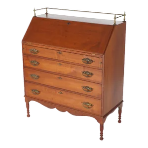 Sheraton Cherry Drop Front Desk with Graduated Drawers & Brass Gallery, C1820