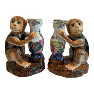 Chinoiserie Tobacco Leaf Monkey Vases- a Pair For Sale