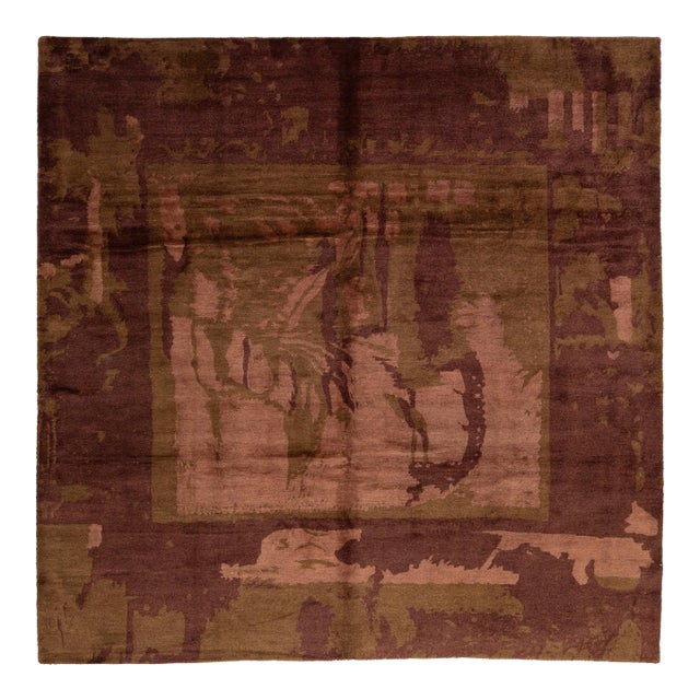 Abstract Figurative Modern Tibetan Rug in Wool and Silk, Earth Tones For Sale
