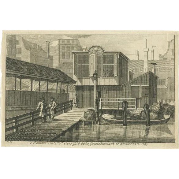 H. van Hilten, Damrak Near the Fish Market in Amsterdam, 1770, Paper For Sale