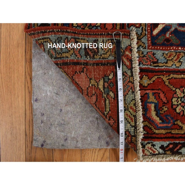 Blue 1900 4'6"x5'6" Blue Antique Persian Heriz Hand Knotted Wool Worn Down Oriental Rug For Sale - Image 8 of 8