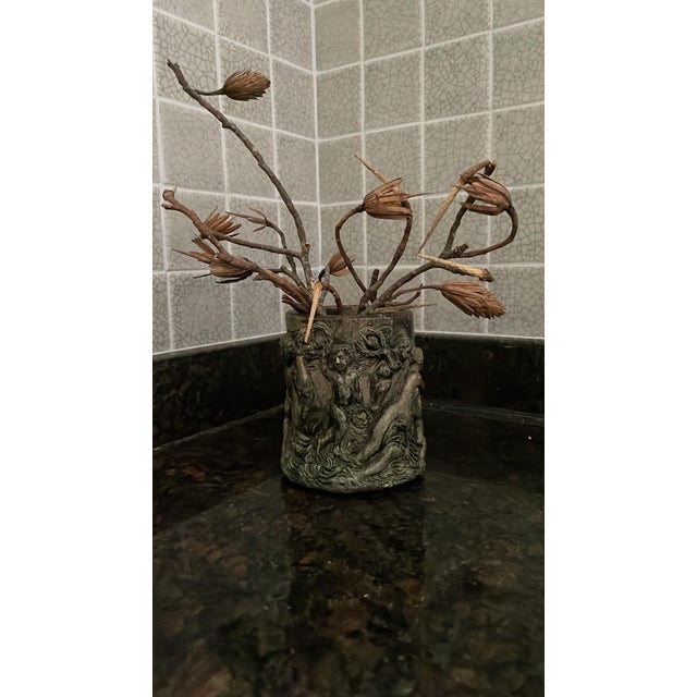 Intricate hand sculpted ceramic vase or pen holder with a Bachhanalian or Ancient Greek inspired design. Beautiful tone of...