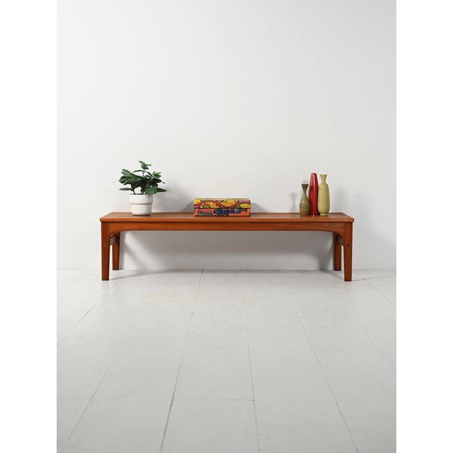 Swedish teak "Kavalkad" bench for Säffle Möbelfabrik, slatted top, chamfered legs with crosspieces, S-Design series,...