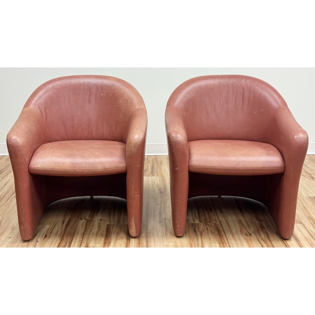 Mid-Century Modern Vintage MCM Barrel Chairs in Blush Leather, a Pair For Sale - Image 3 of 11