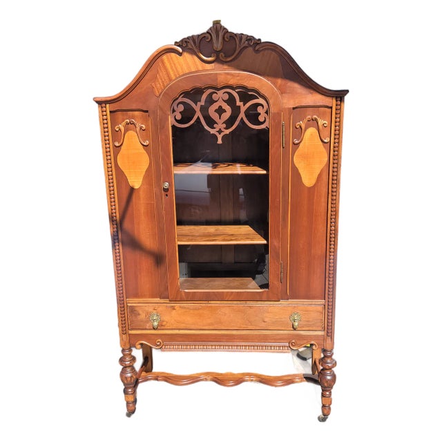 Antique 1920s Walnut Spanish Revival China Cabinet Bookcase For Sale