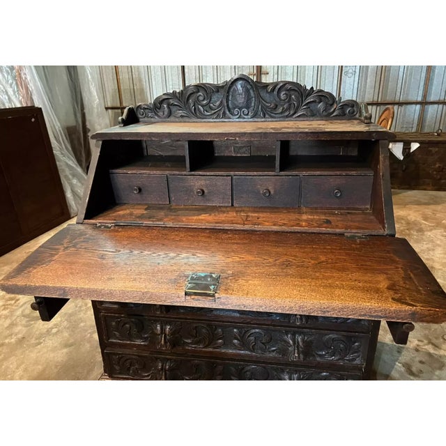 Wood Carved Oak, Georgian, English, Slant Drop, 1800s Antique Secretaire, Desk, For Sale - Image 7 of 8