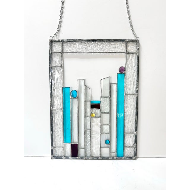 Glass Vintage Teal Geometric Stained Glass Window Panel For Sale - Image 7 of 10