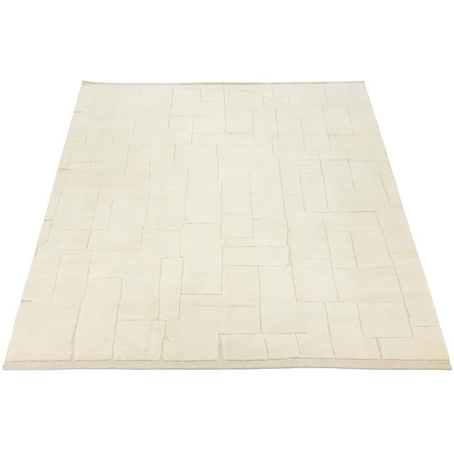 Ivory Contemporary Sculpted Ivory Moroccan Wool Rug Hand-Knotted Geometric High-Low For Sale - Image 8 of 12