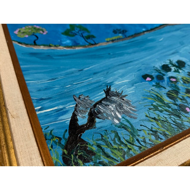 Blue Vintage Large Folk Art Tropical Landscape Painting With Egret in Gilt Wood Frame For Sale - Image 8 of 15