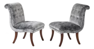 1960's Modern Sabre Legs Mahogany Slipper Chairs in Velvet Upholstery