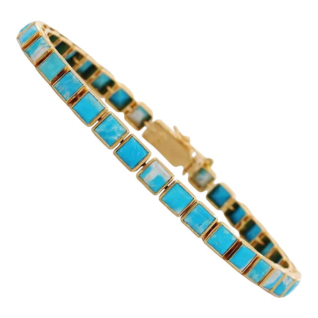 18k Yellow Gold Natural Square Cut 10.15 Ct Turquoise Tennis Bracelet For Sale