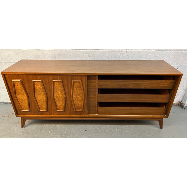 Unique Mid-Century Burl and Walnut Diamond Motif Credenza For Sale - Image 10 of 16