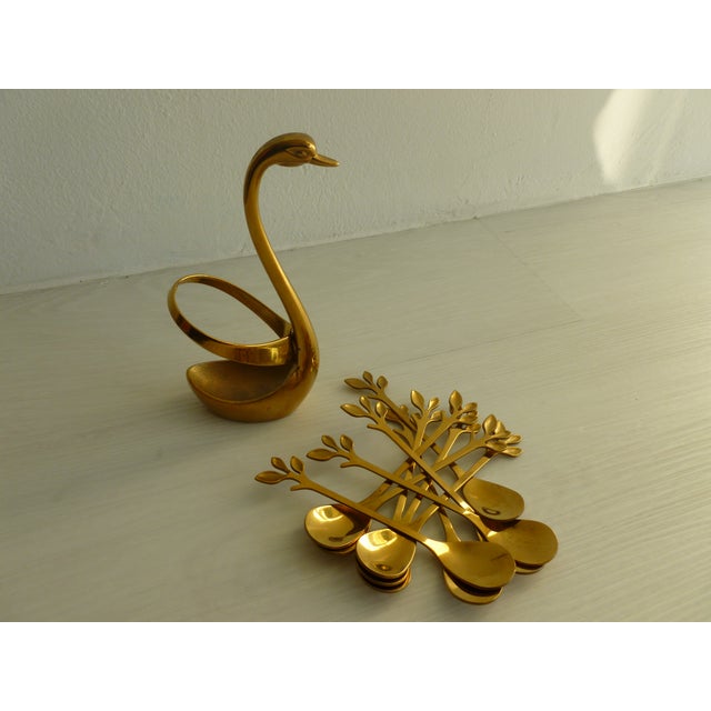 Vintage 1970's Brass Plated Metal Swan Vessel Bowl With !0 Serving Spoons For Sale - Image 9 of 17