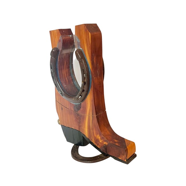 Vintage Western Folk Art Cowboy Boot Coin Bank With Horseshoe & Brass Bell – Handcrafted Rustic For Sale - Image 4 of 11