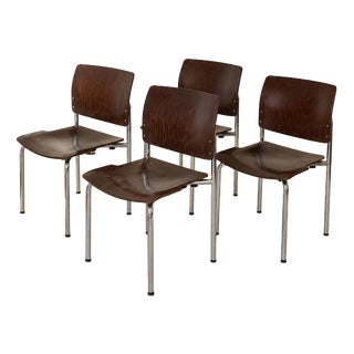Vintage Plywood and Chrome Stacking Chairs from Kusch + Co., Germany, 1970s, Set of 4 For Sale
