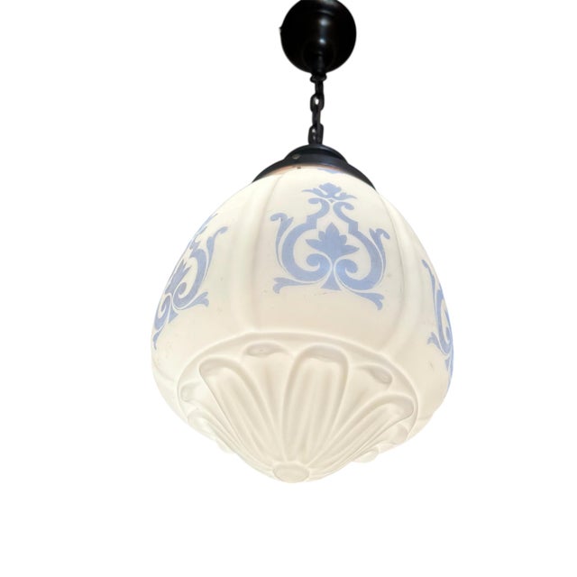 1910s Melon Shaped White SND Blue Damask Pattern Glass Fixtures on Original Payina Holders - a Pair For Sale - Image 9 of 9