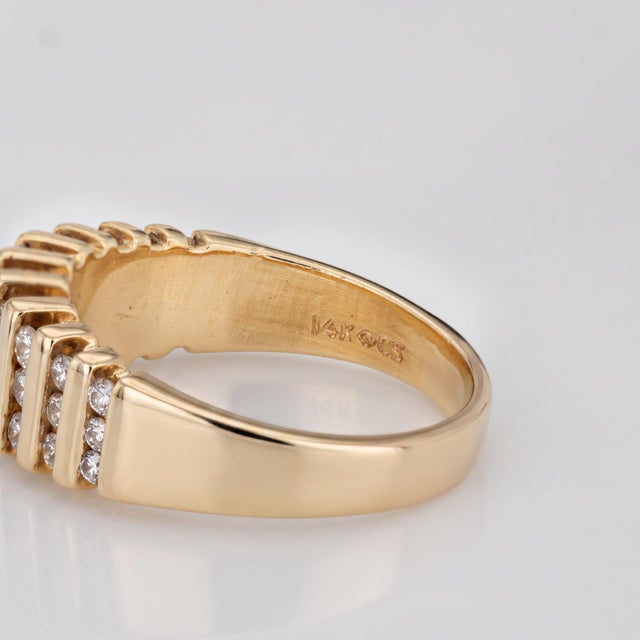 1980s Vintage Diamond Ring Sz 4.75 Ribbed Wide Band 14k Yellow Gold Fine Jewelry For Sale - Image 5 of 6