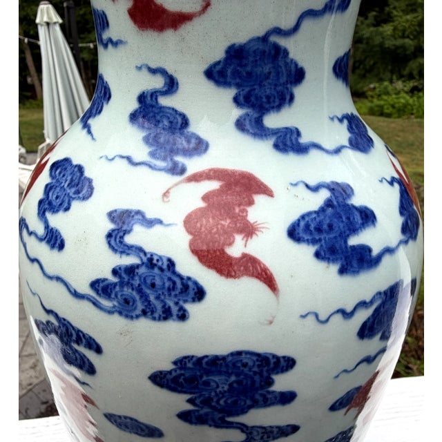 Ceramic Important Antique Chinese Underglaze Blue & Red Porcelain Vase With Bats - Qianlong Style For Sale - Image 7 of 15
