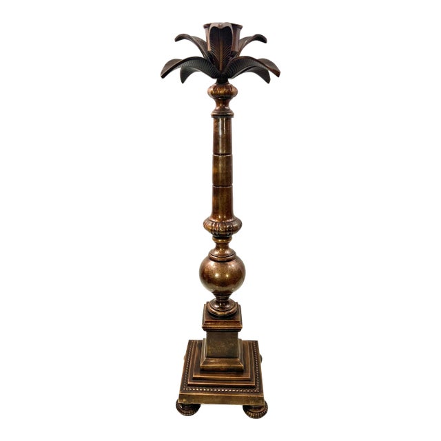 Vintage LPatinated Brass Palm Tree Candlestick Holder For Sale