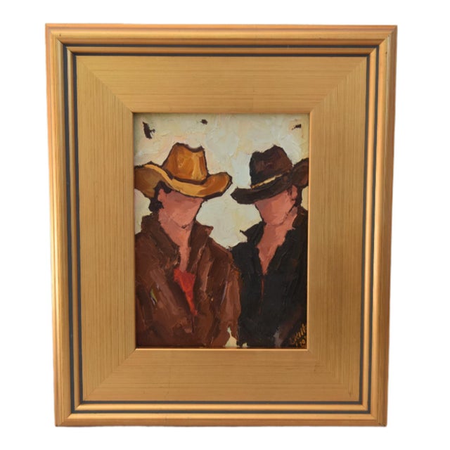 Impressionist Western Cowboys Portrait Painting Including the Antiqued Gold Wood Frame For Sale In Los Angeles - Image 6 of 6