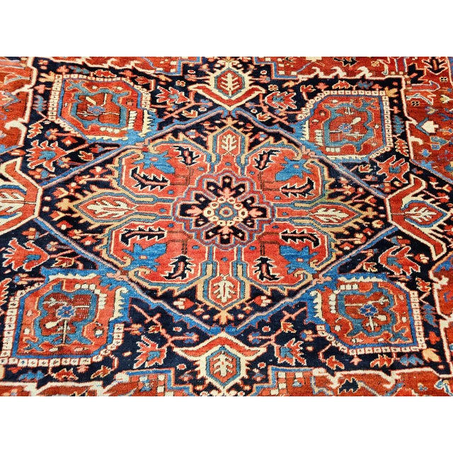 Vintage Persian Heriz Serapi Rug, Hand-Knotted Wool, Geometric Medallion Pattern, Red & Ivory, 10x12 For Sale - Image 13 of 14