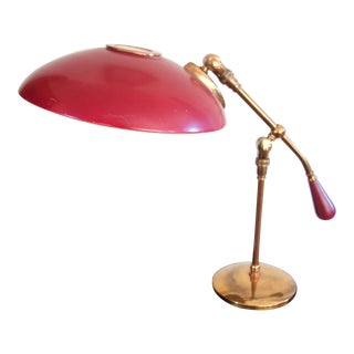 Mid-Century Gerald Thurston Red Saucer Brass Stand Atomic Desk Lamp For Sale