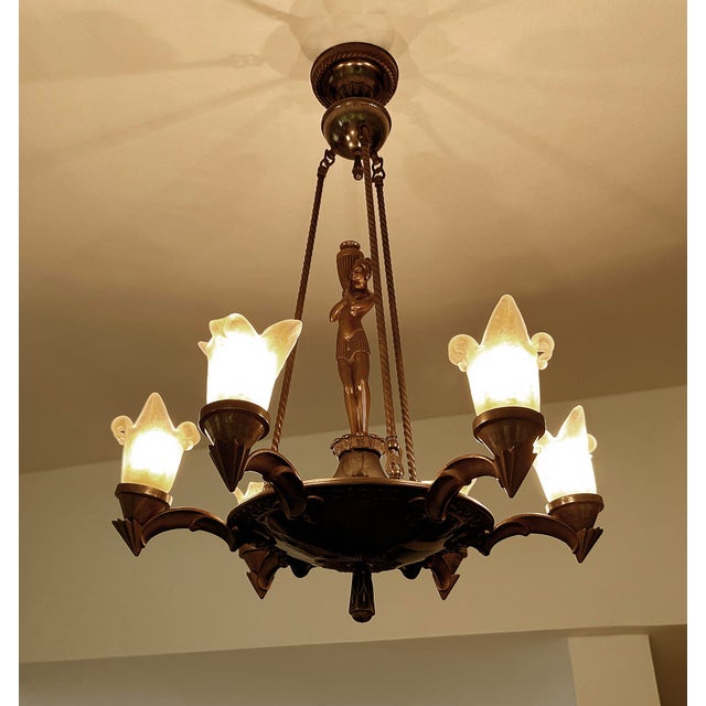 Large Art Deco Sculptural Chandelier in Bronze and Glass, 1930s For Sale - Image 12 of 18