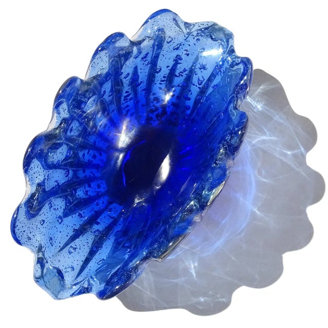 Mid-Century Modern Barovier Toso Murano Vintage Cobalt Blue Silver Flecks Italian Art Glass Conch Shell Bowl Vase For Sale - Image 3 of 9
