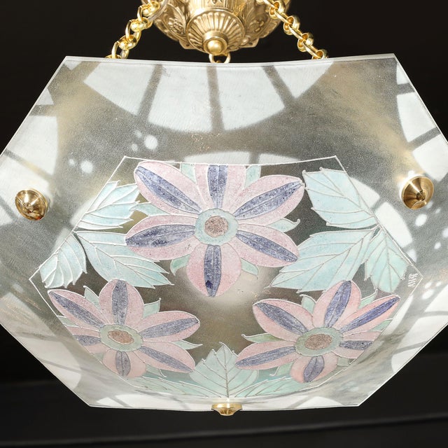 Art Deco Hexagonal Frosted & Pressed Glass Pendant W/ Floral Details Signed BHV For Sale - Image 10 of 18