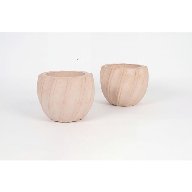 Karl Springer Style Ribbed Planter, c. 1980 Sculptural circular planter in a warm, pale blush-toned colored concrete,...