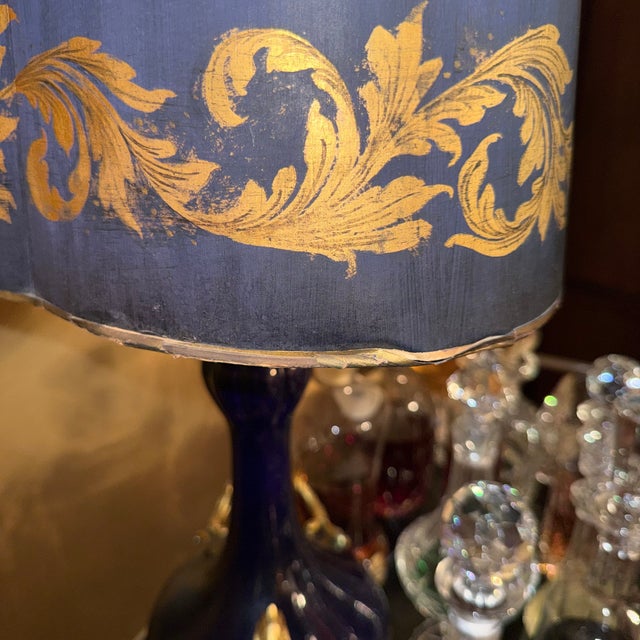 Metal Vintage Italian Cobalt Blue Porcelain Gilt Brass Table Lamps - Pair For Sale - Image 7 of 14