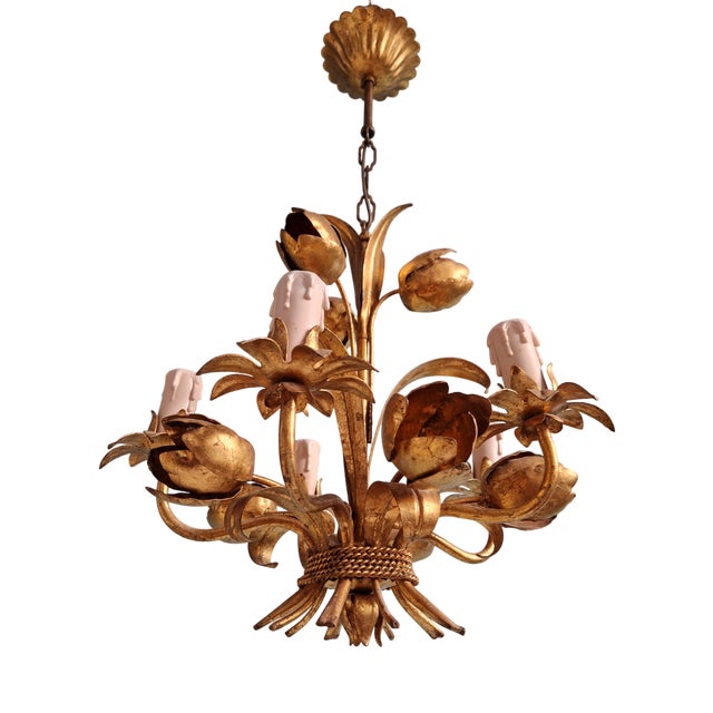 Italian Hollywood Regency Style Floral Chandelier in Gold Metal, 1970s For Sale