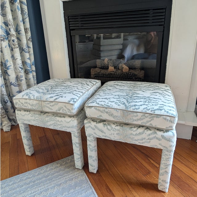 Aqua Cowtan & Tout Rajah Velvet Parsons Ottomans in Celadon - Pair For Sale - Image 8 of 13