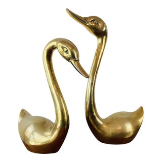 Vintage 1970s Pair of Large Brass Swan Figures / Statues For Sale