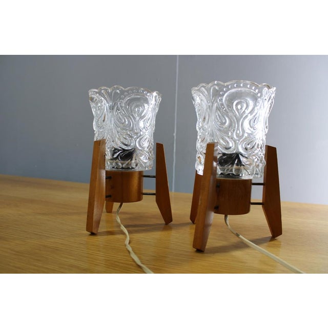 Mid-Century Czech Wood and Glass Table Lamps, 1970s, Set of 2 For Sale - Image 6 of 11