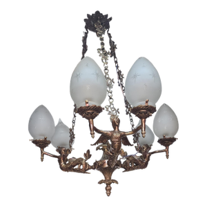 Vintage Victorian Art Deco Nouveau Mermaid Ceiling Hanging Chandelier, Brass & Star Glass Shade