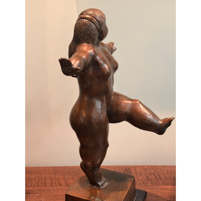 Contemporary Late 20th Century After Fernando Botero Bronze-Patina Dancing Woman Sculpture on Marble Base For Sale - Image 3 of 5
