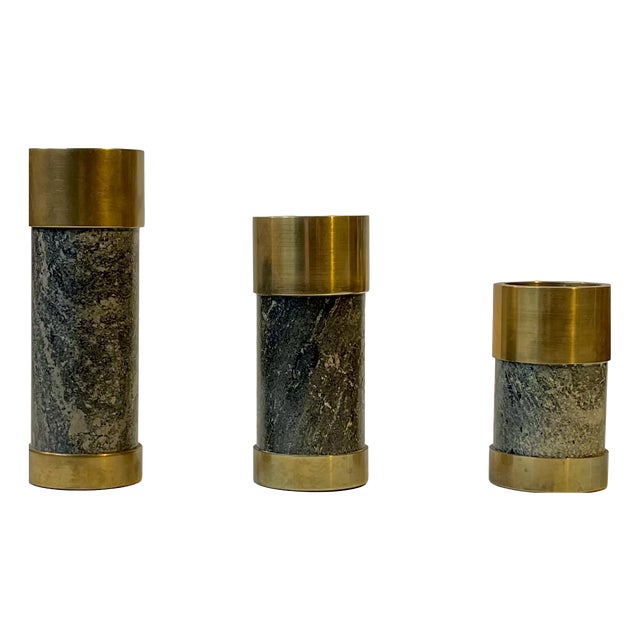 Mid-Century Natural Stone and Brass Candleholders from Saulo Norway, 1960s, Set of 3 For Sale