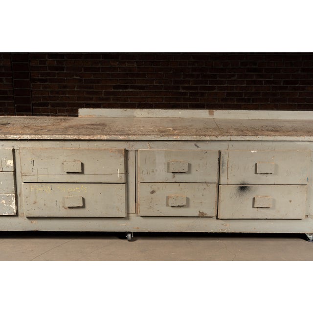 Early 20th Century Early 20th Century Monumental Industrial Shop Workbench Cabinet With Labeled Drawers For Sale - Image 5 of 18