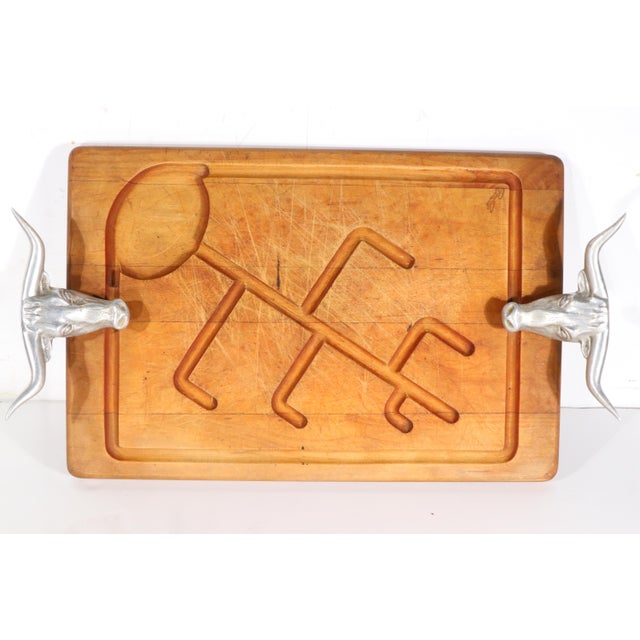 Cool vintage Western, Cowboy themed meat tray, cutting board signed Bruce Fox. ( Cox ? ). The tray features two cast...