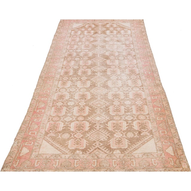 Persian 1960s Vintager Malayer Brown Handmade All-Over Wool Runner For Sale - Image 3 of 8